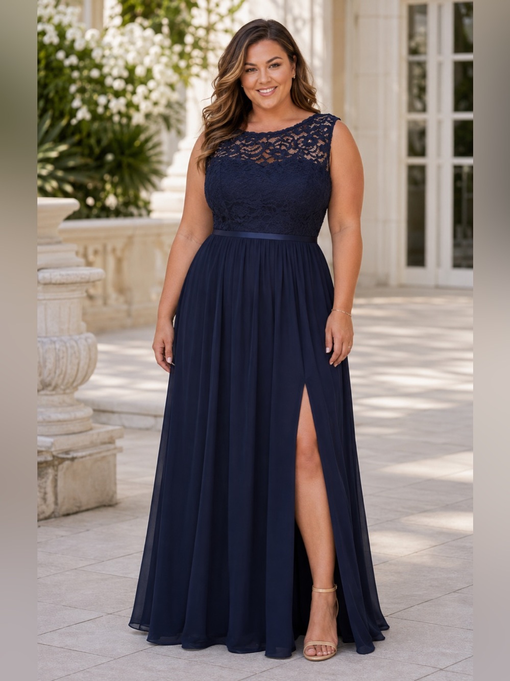 NWT David’s Bridal Marine Navy Lace Chiffon Gown Size 18 F19328